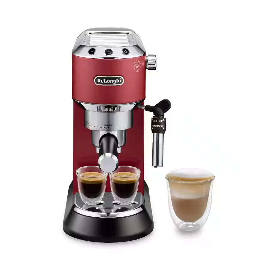 De'Longhi Dedica Style Espresso Machine EC685 brewing coffee with a sleek black design and stainless steel details.