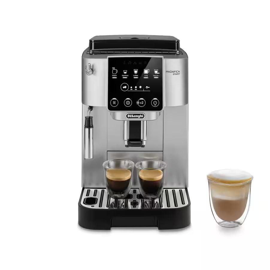 Taghareed De'Longhi Magnifica Start automatic coffee machine in silver and black with touch screen, brewing two espressos and a latte.