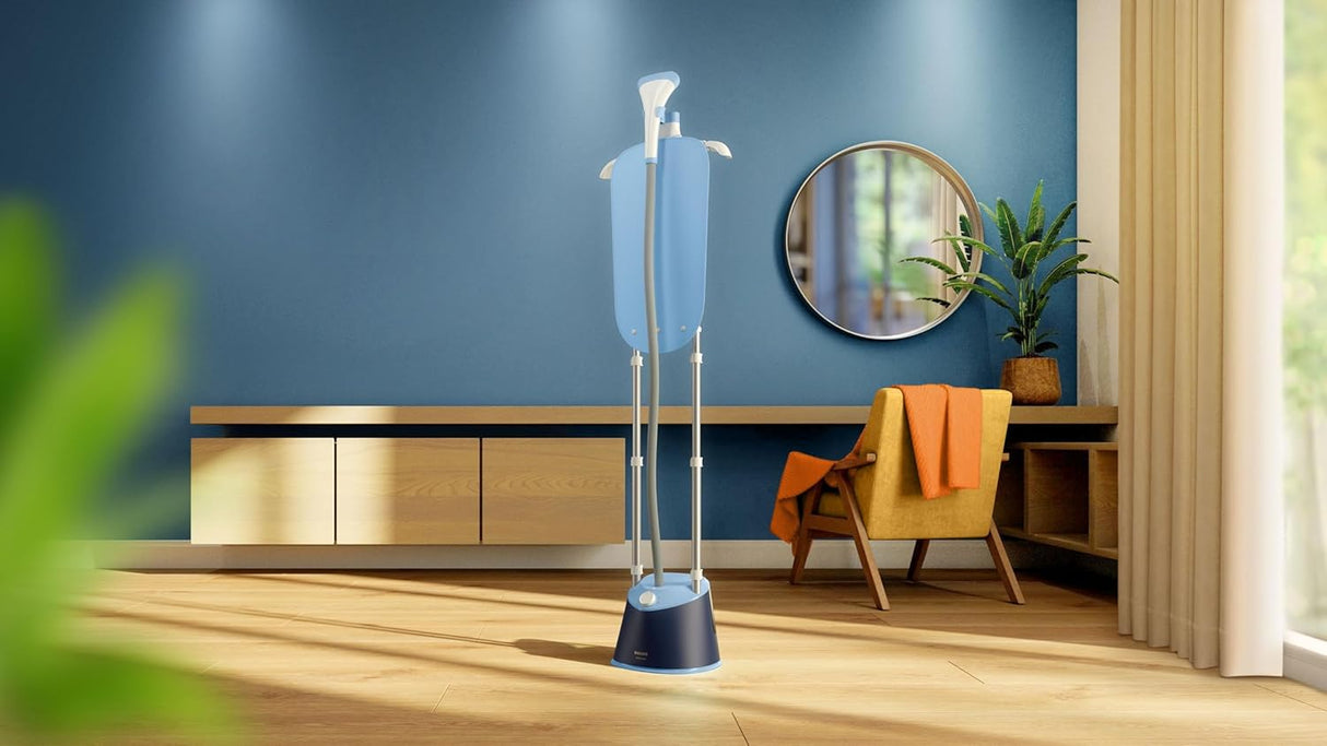 Philips 1000 Series Garment Steamer STE1030/26 with Stylemat, stand steamer for wrinkle-free clothes, black design visible on image