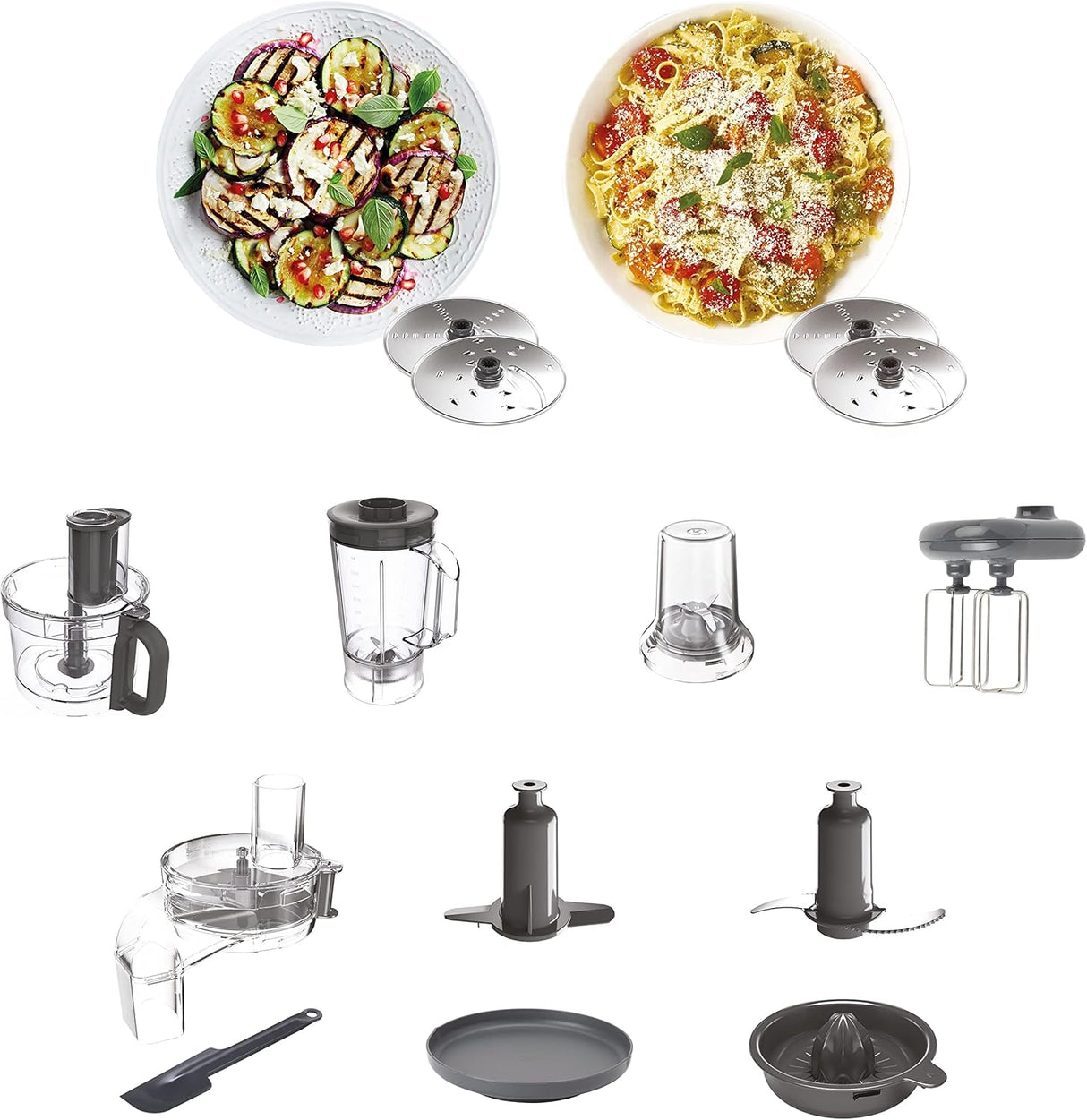 Collage of kitchen tools including a salad, pasta, and various attachments on a white background