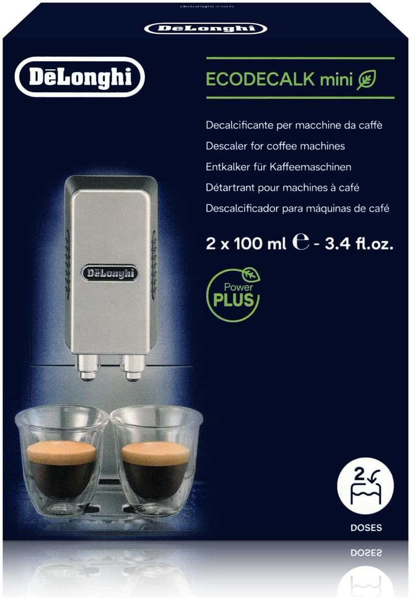 DeLonghi ECODECALK mini decalcifier packaging with coffee machine and cups on a dark background