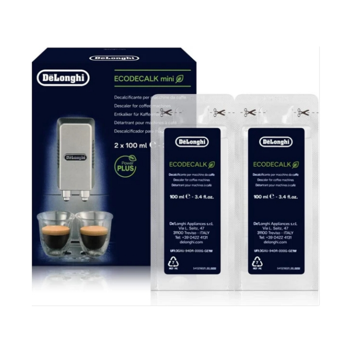 De'Longhi EcoDecalk Descaler DLSC200 — Natural Lactic Acid, 2 x 100ml