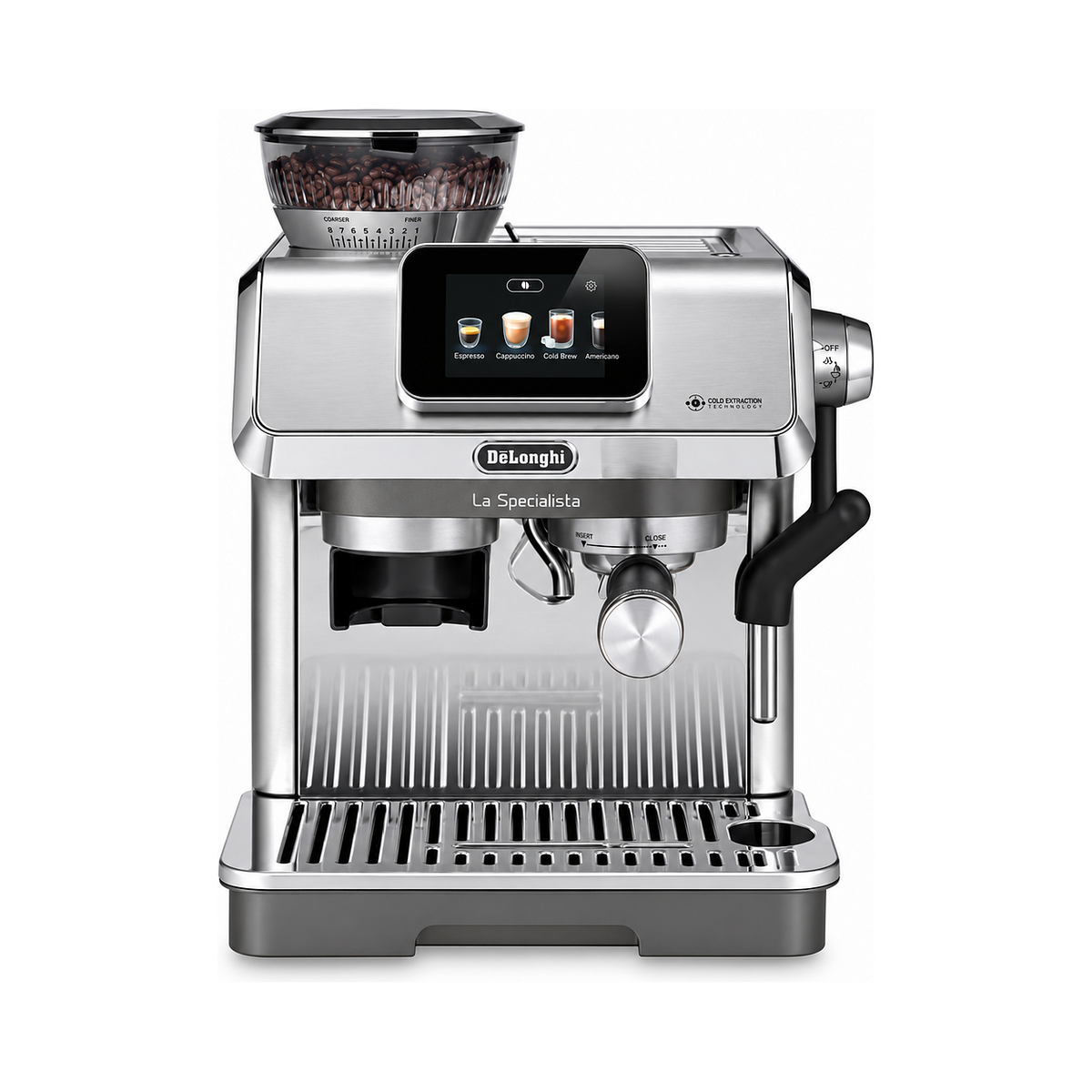 A De'Longhi La Specialista espresso machine in stainless steel, featuring a digital touch screen, bean hopper, portafilter, and steam wand, set against a plain white background.