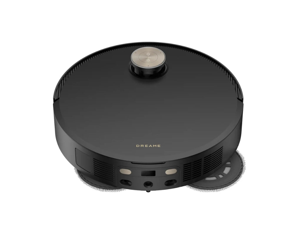 A black circular robotic vacuum cleaner with a brushed silver metallic button on top, shown from a high-angle perspective on a solid white background.