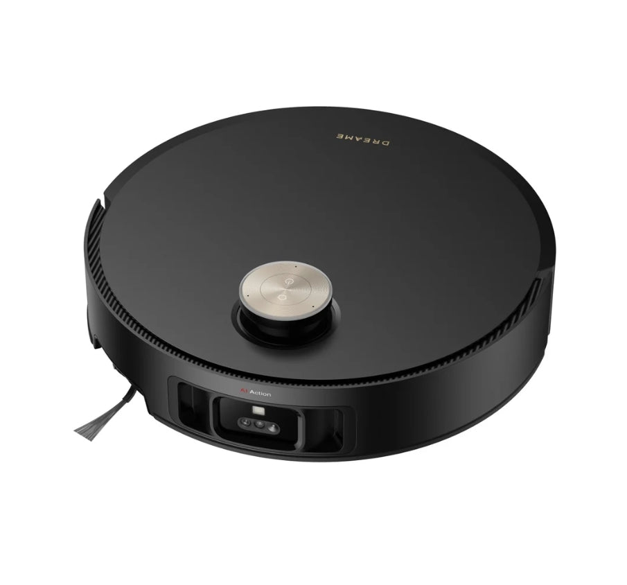 A black robotic vacuum cleaner with a circular design, featuring a silver central button and a small visible cord, shown on a plain white background.