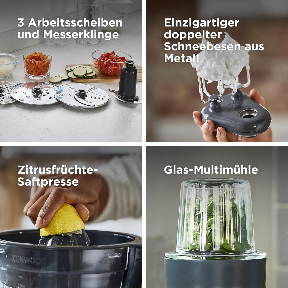 Collage of kitchen tools with text descriptions in German