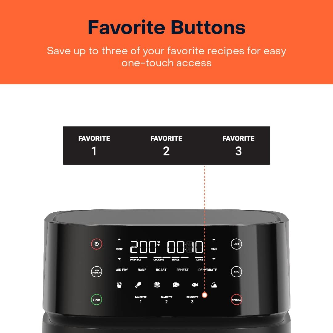Black kitchen appliance with digital display and favorite buttons on an orange background