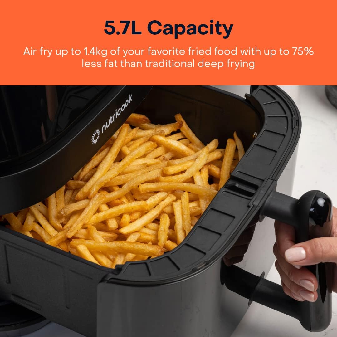 Air fryer with french fries inside, labeled '5.7L Capacity' and 'Nutricook'.
