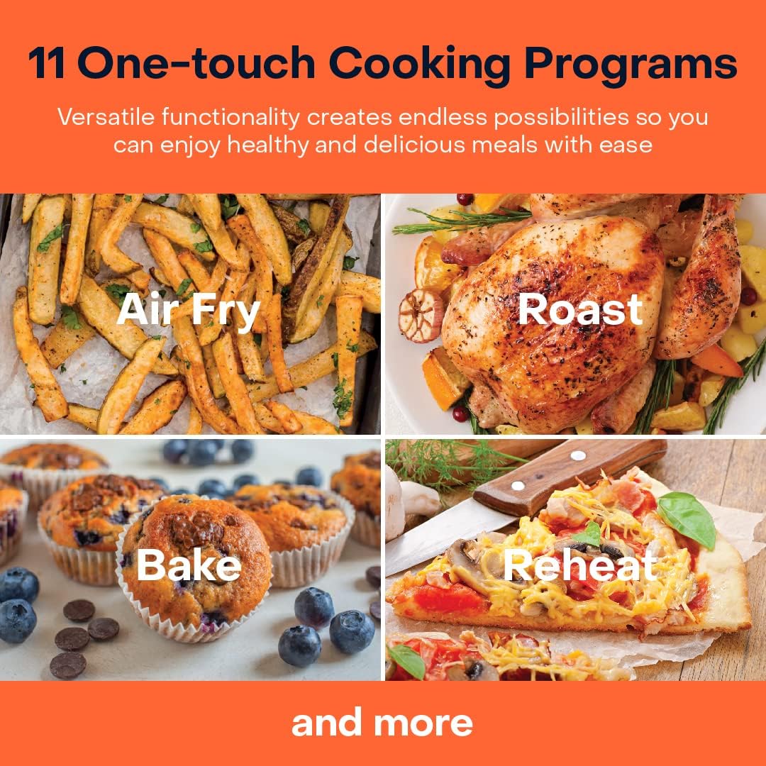 Advertisement for a kitchen appliance with images of cooked foods and text about cooking programs.