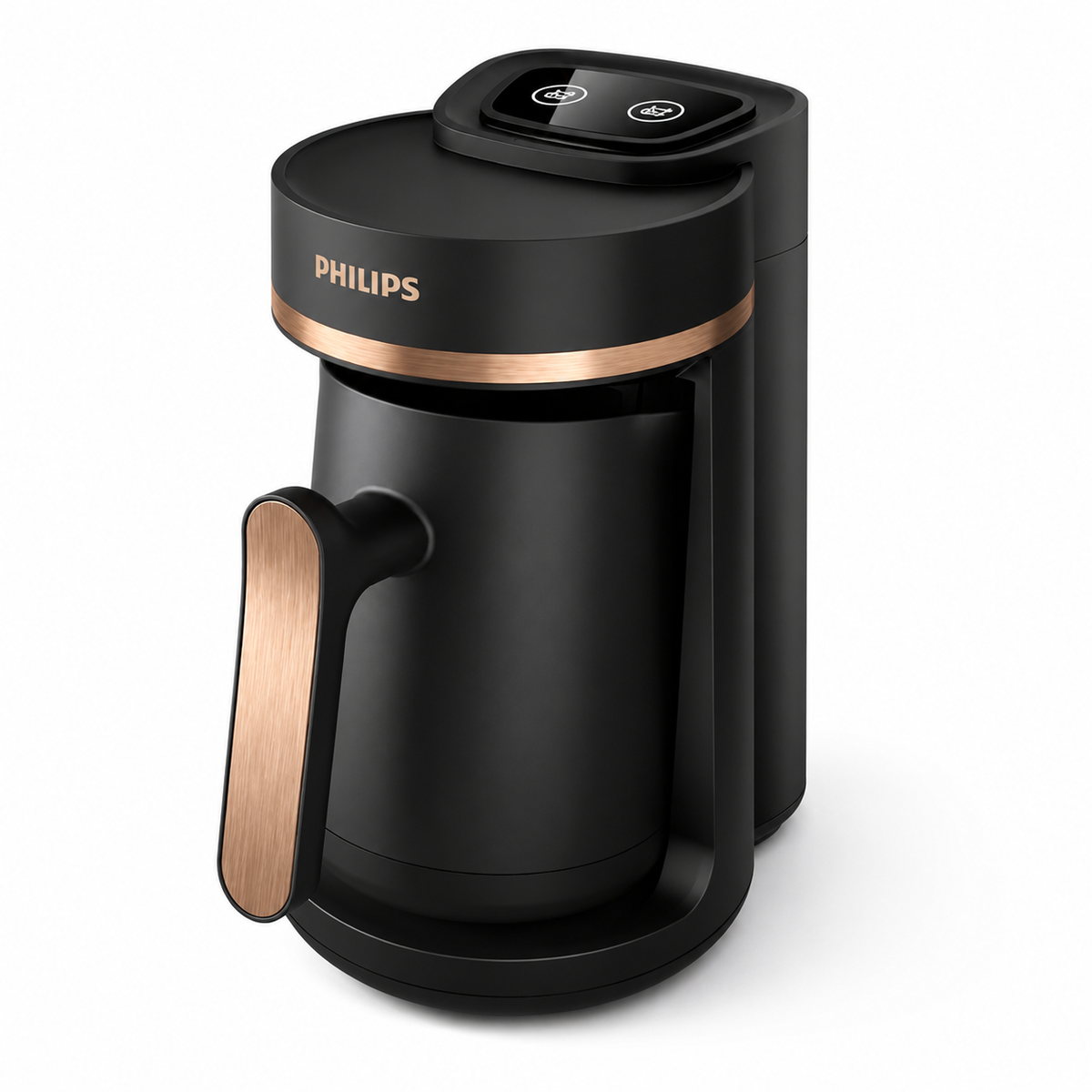 Philips 5000 Series Turkish coffee maker in black with copper accents. Features touch controls and a slow brew option.