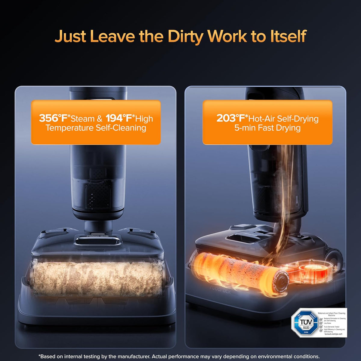 Cleaning device with text highlighting steam and temperature features on a dark background