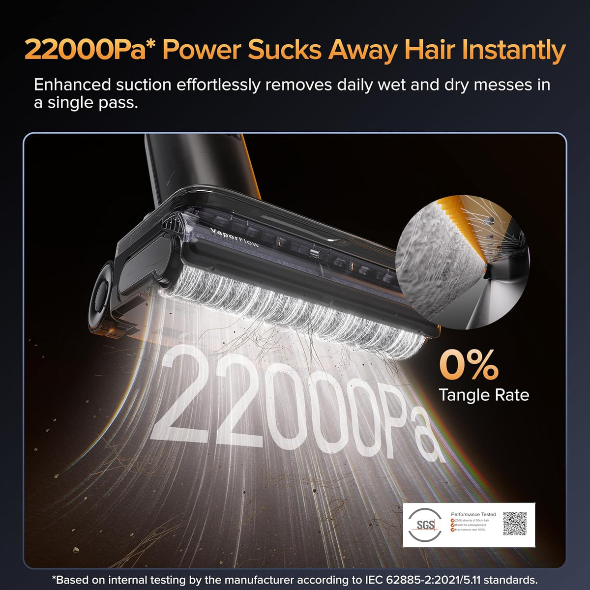 Hair removal device with 22000Pa suction power and tangle rate information.