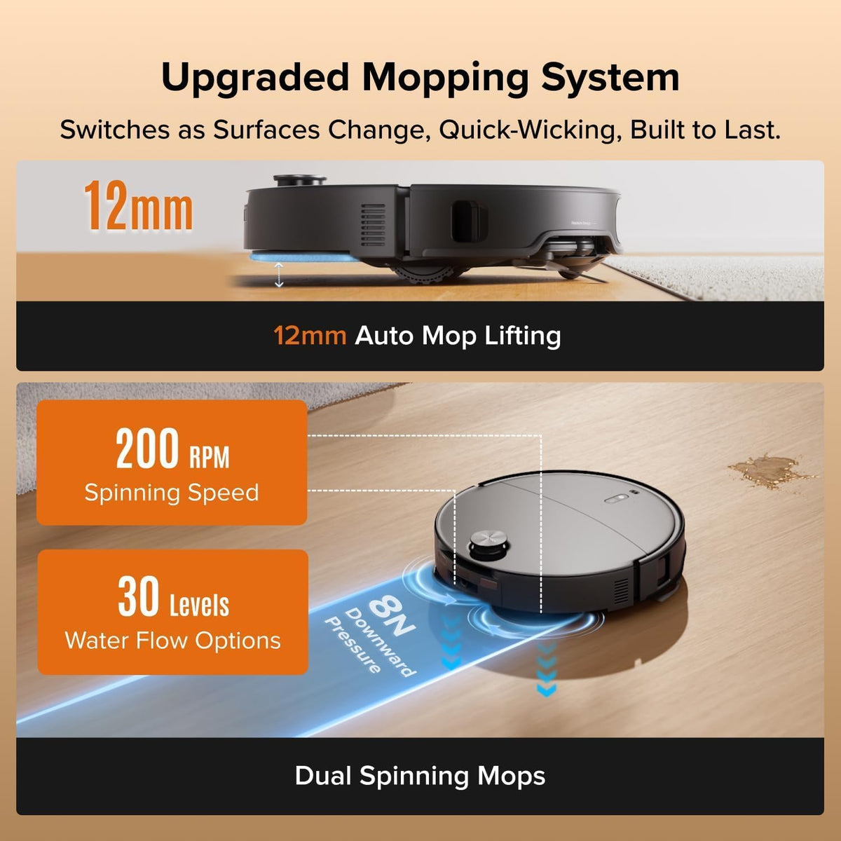 Robotic mop with features highlighted on a wooden floor background