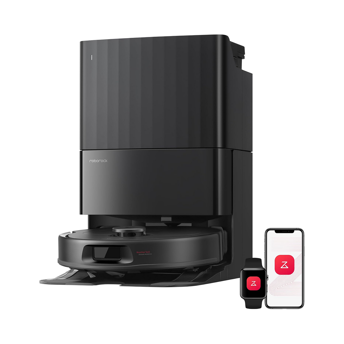 A black robotic vacuum cleaner docked at its matching base, shown on a clean white background with a smartphone app screen and a smartwatch displaying the same app beside it.
