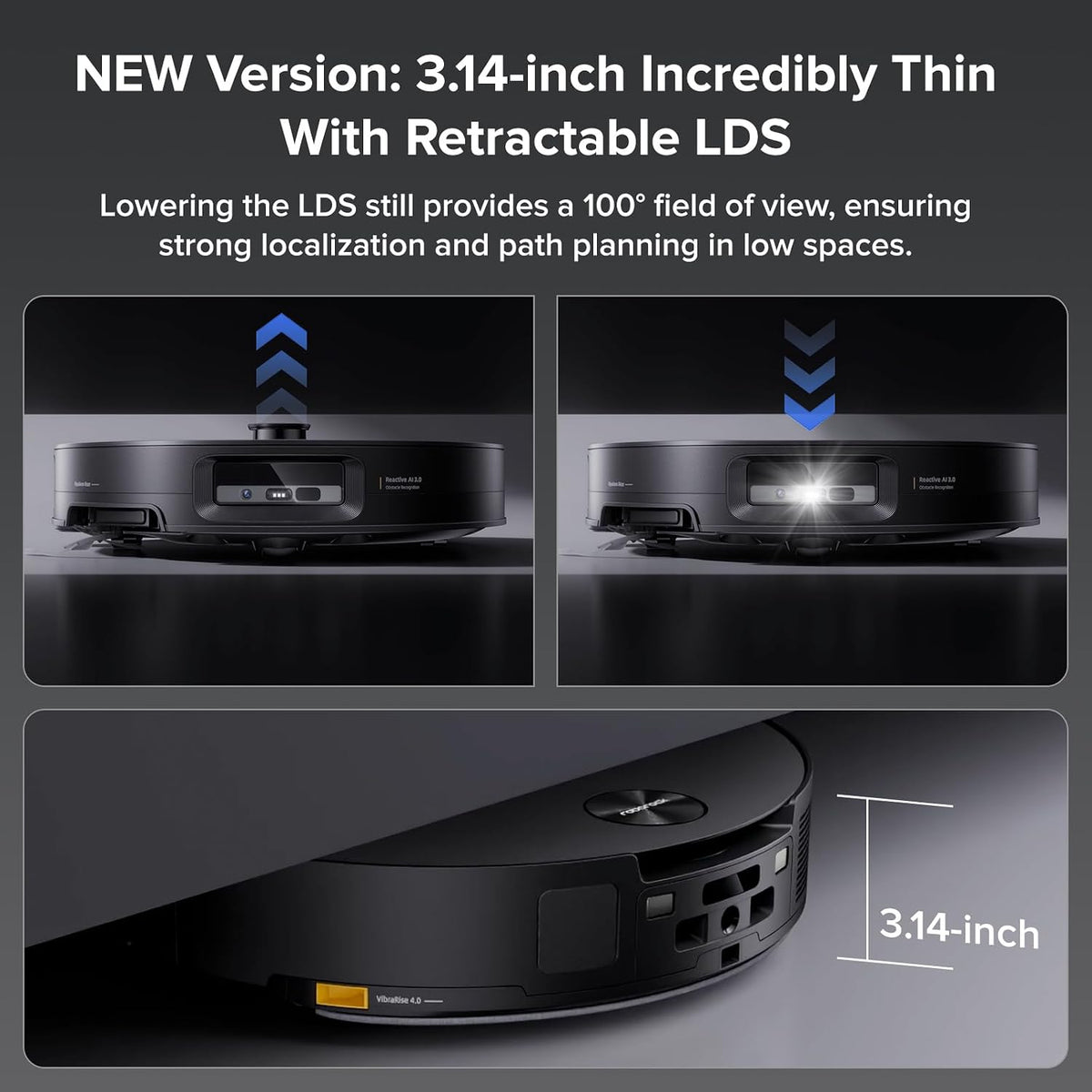 Robot vacuum cleaner with retractable LDS sensor on a dark background