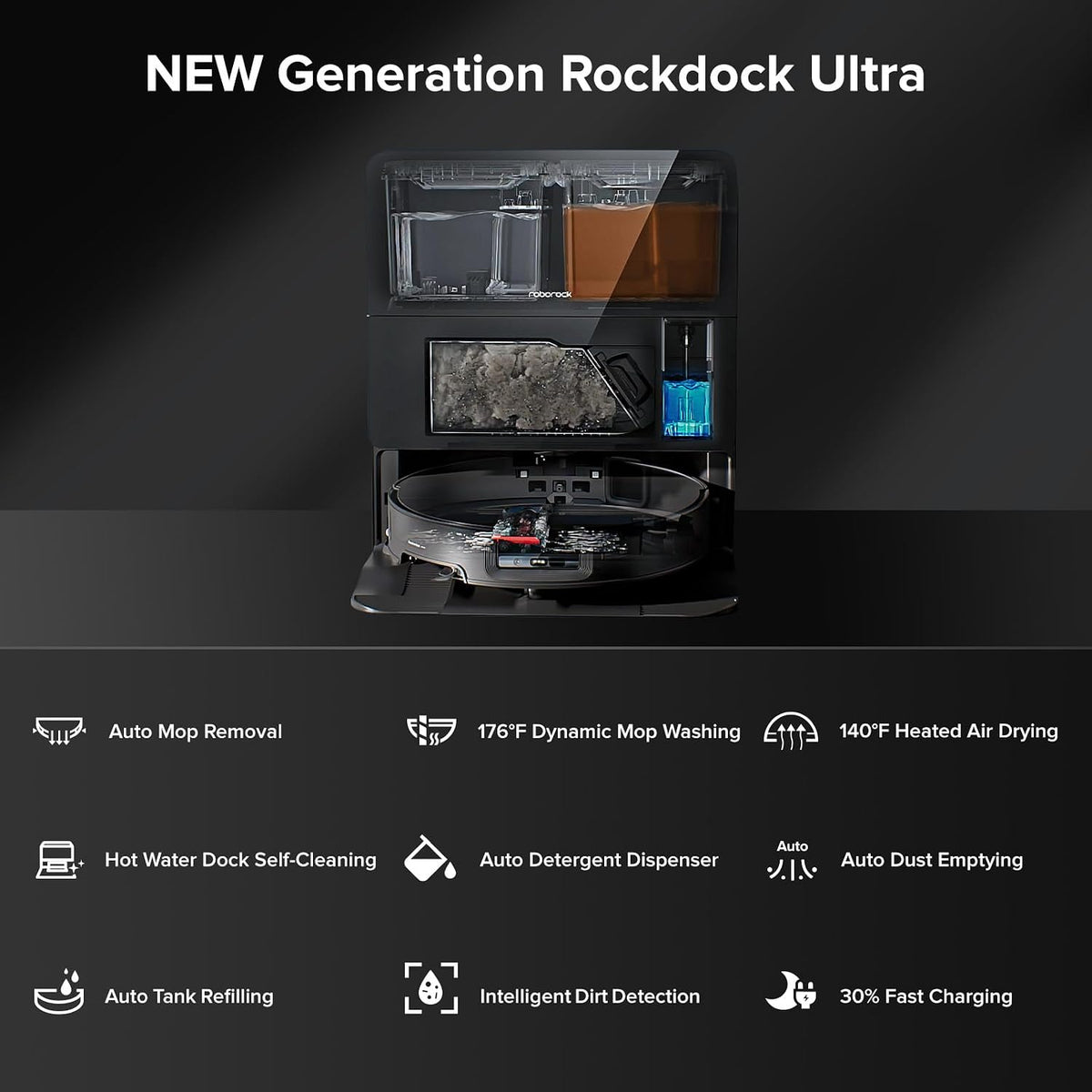 New Generation Rockdock Ultra robot vacuum cleaner with features listed below on a dark background