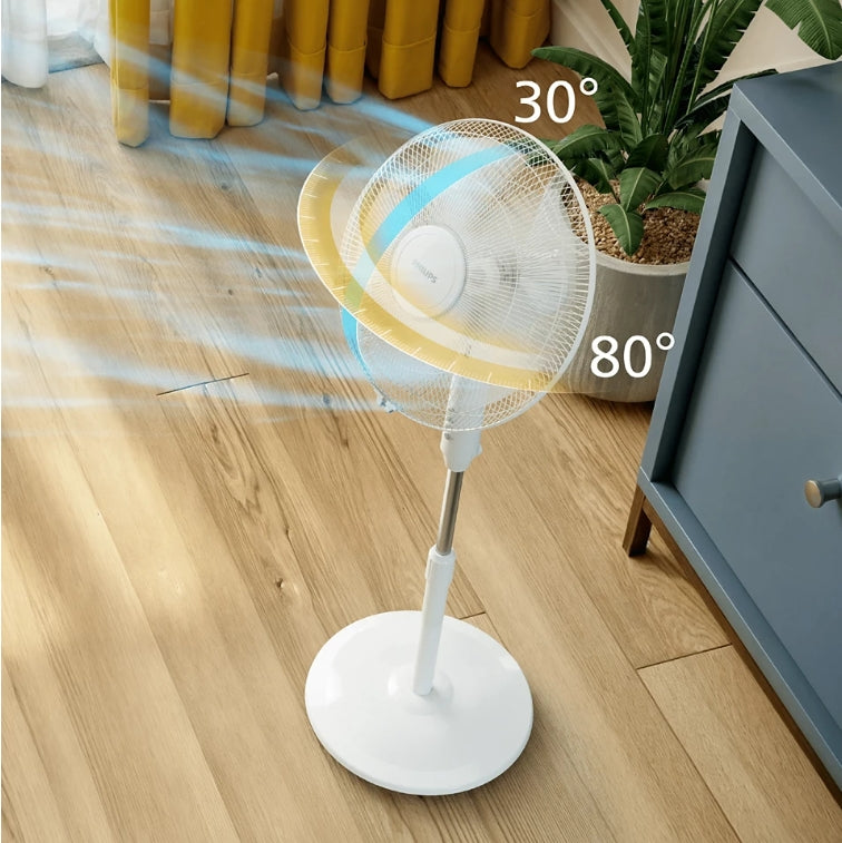 Philips Series 600 pedestal fan with adjustable height and blades, showing modern design and control panel.