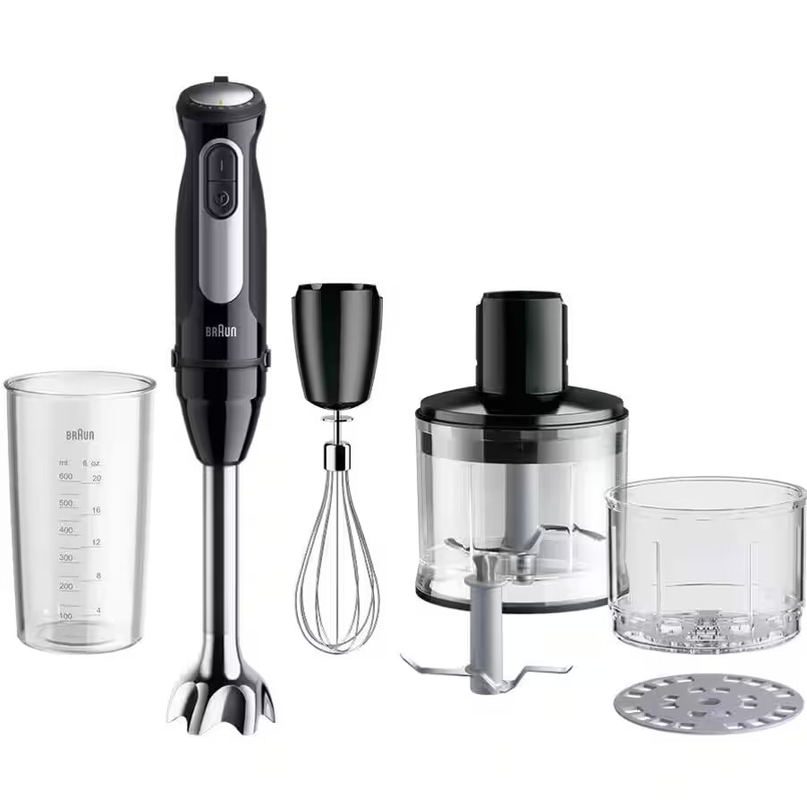 Taghareed Braun MultiQuick 5 Pro hand blender set with whisk, chopper, and measuring cup. Black and silver.