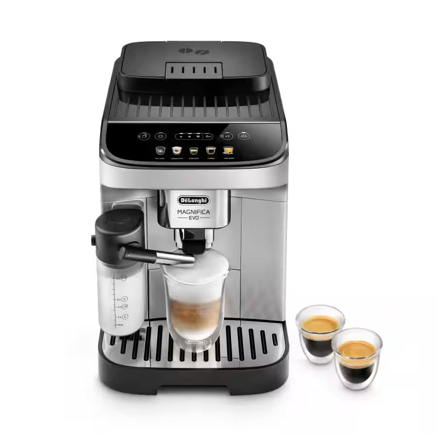 Taghareed De'Longhi Magnifica Evo automatic coffee machine in silver and black, with milk frother and two espresso cups.