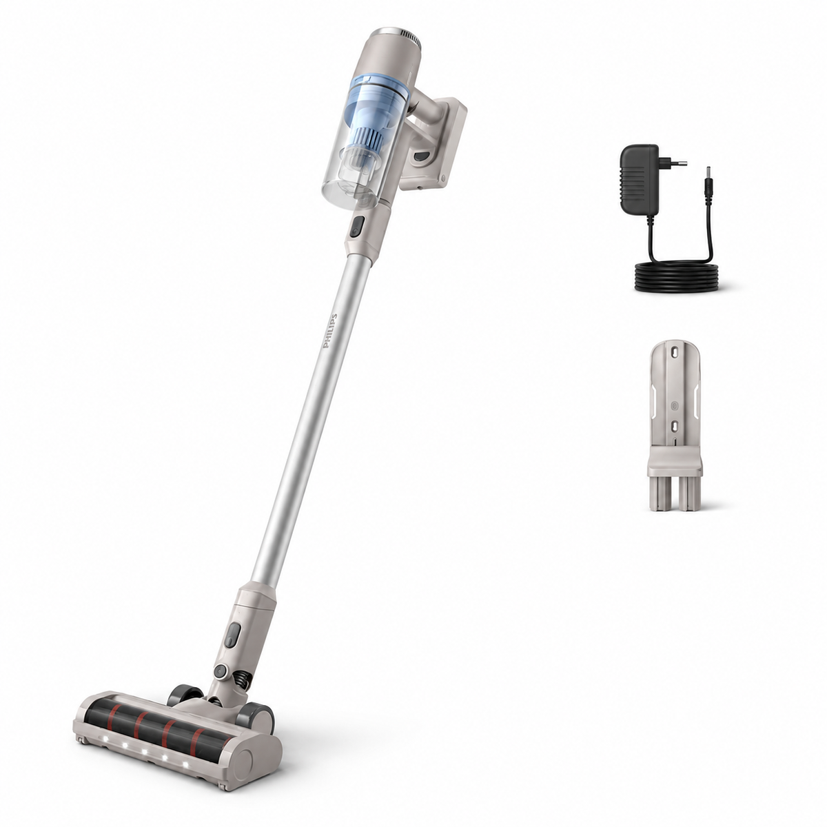 Taghareed Philips 2000 Series cordless vacuum cleaner in silver and grey with LED floor nozzle and wall mount.
