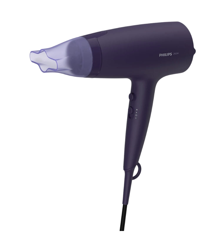 Taghareed Philips 3000 Series purple hair dryer with ThermoProtect attachment and 6 heat/speed settings.