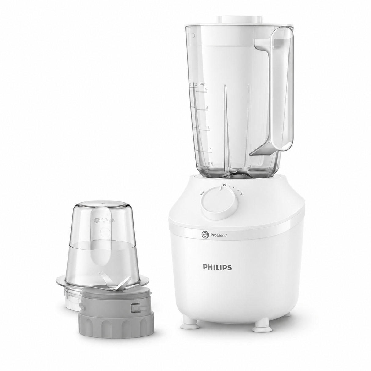 Taghareed Philips 3000 Series white blender with 1.9L jar, ProBlend technology, and stainless steel blades. Includes a mill attachment.