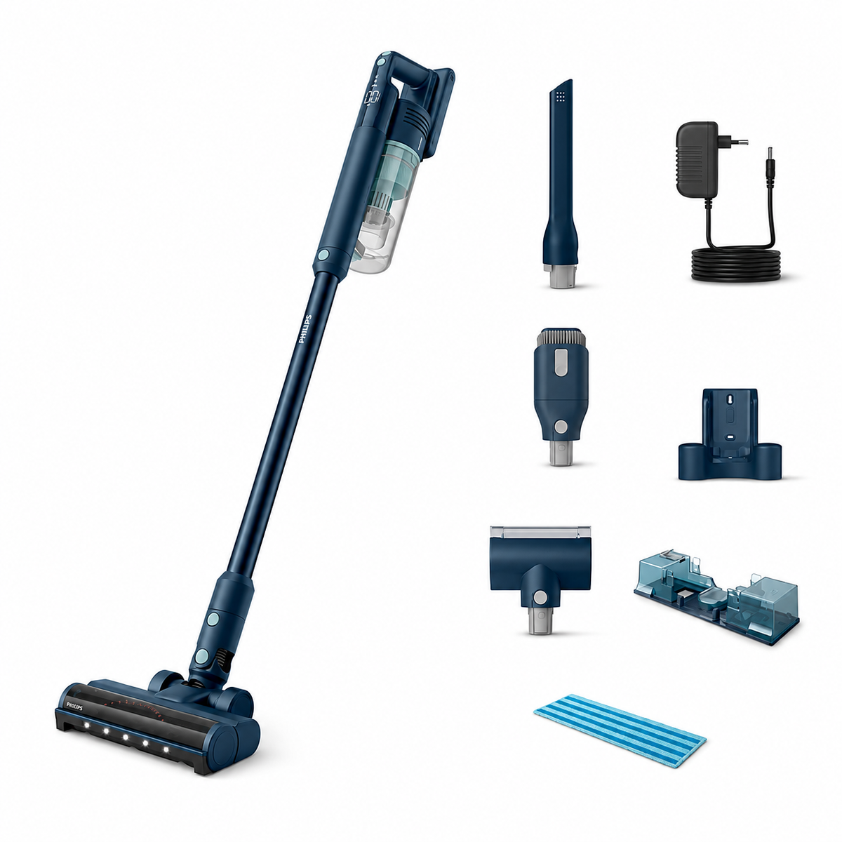 Taghareed Philips 5000 Series cordless vacuum aqua XC5041/61, dark blue, with TriActive Multi LED nozzle and Aqua Module for wet cleaning.
