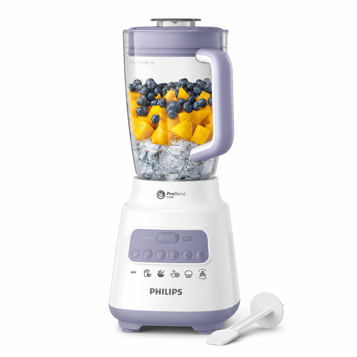 Taghareed Philips 5000 Series white and purple blender with 2L capacity, 700W motor, 5 speeds, and ProBlend Crush technology.