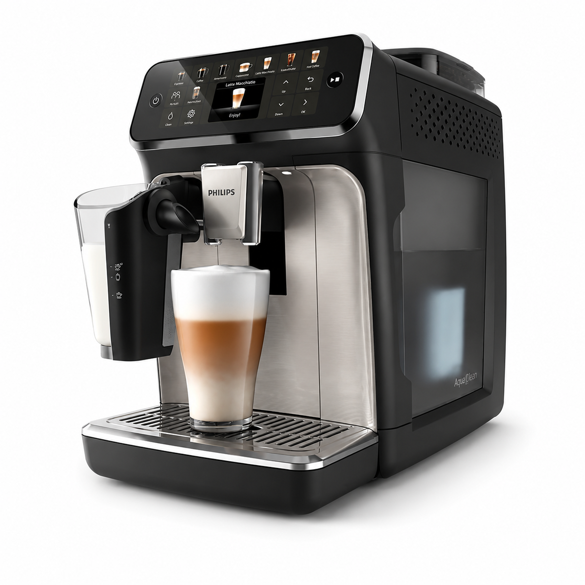 Taghareed Philips 5500 Series fully automatic espresso machine with LatteGo system, brewing a latte macchiato. Features a TFT display and ceramic grinder.