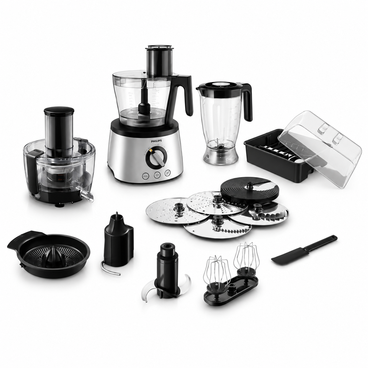 Taghareed Philips 7000 Series Food Processor HR7778/01 with 1300W motor, 3.4L bowl, blender, and multiple accessories.