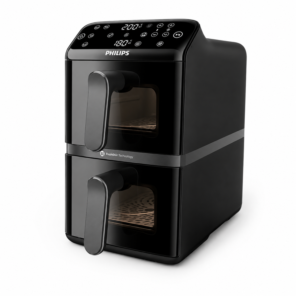 Taghareed Philips Airfryer 4000 Series dual basket stacked design with clear windows showing broccoli and chicken cooking.