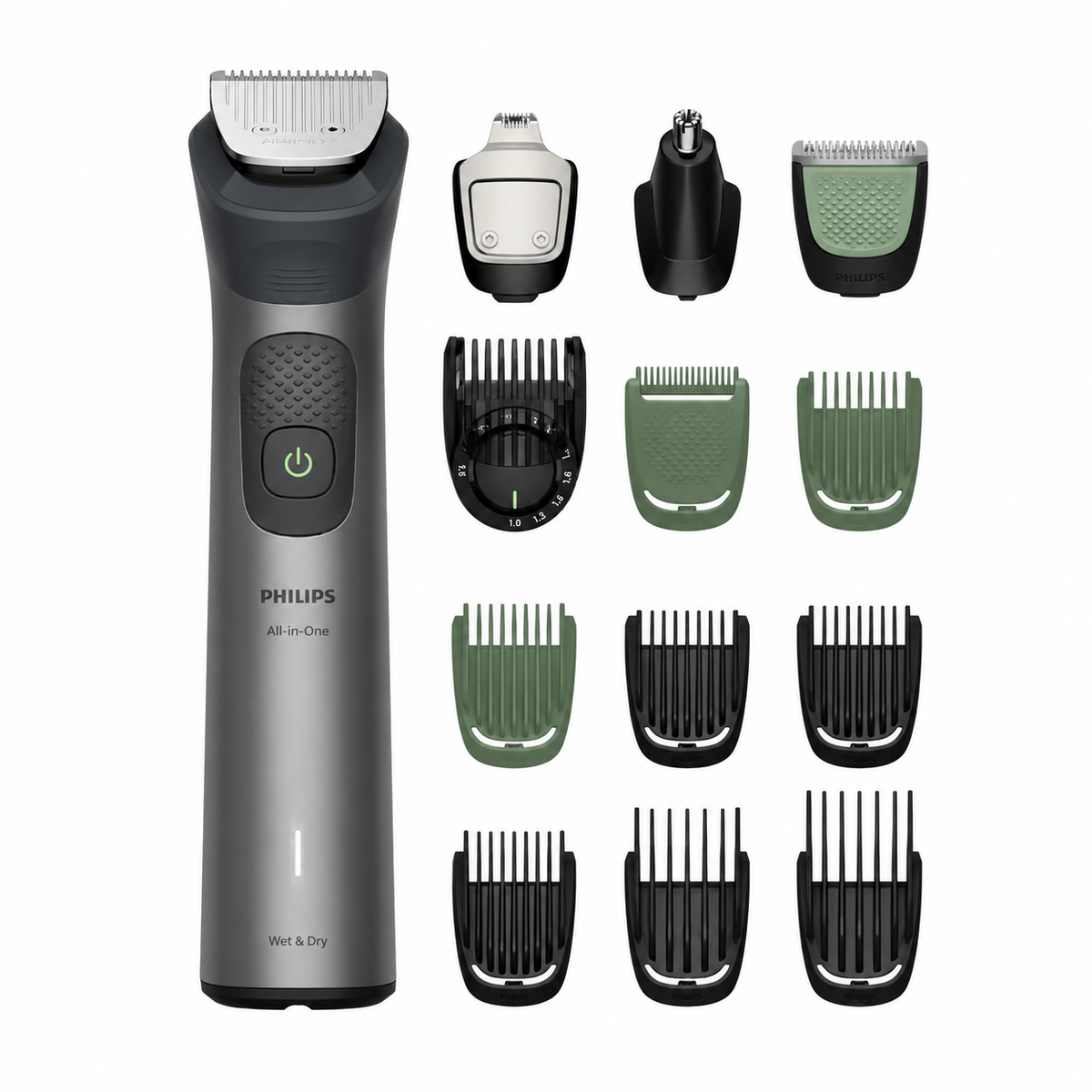 Taghareed Philips All-in-One Trimmer 7000 Series MG7922/15 with 13 attachments for beard, hair, and body grooming. Includes various combs and heads.