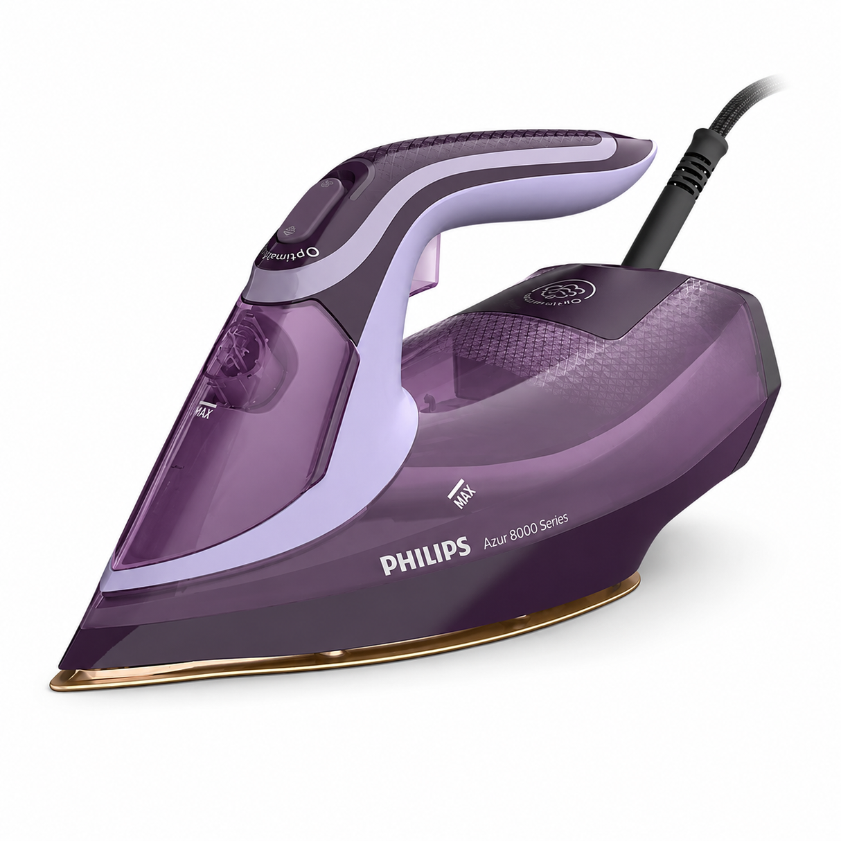 Taghareed Philips Azur 8000 Series steam iron in purple with OptimalTEMP technology and SteamGlide Elite soleplate.
