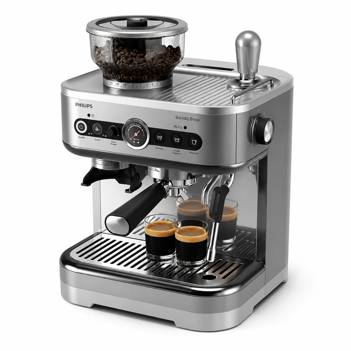 Taghareed Philips Barista Brew semi-automatic espresso machine with built-in grinder and stainless steel filter, making two espressos.