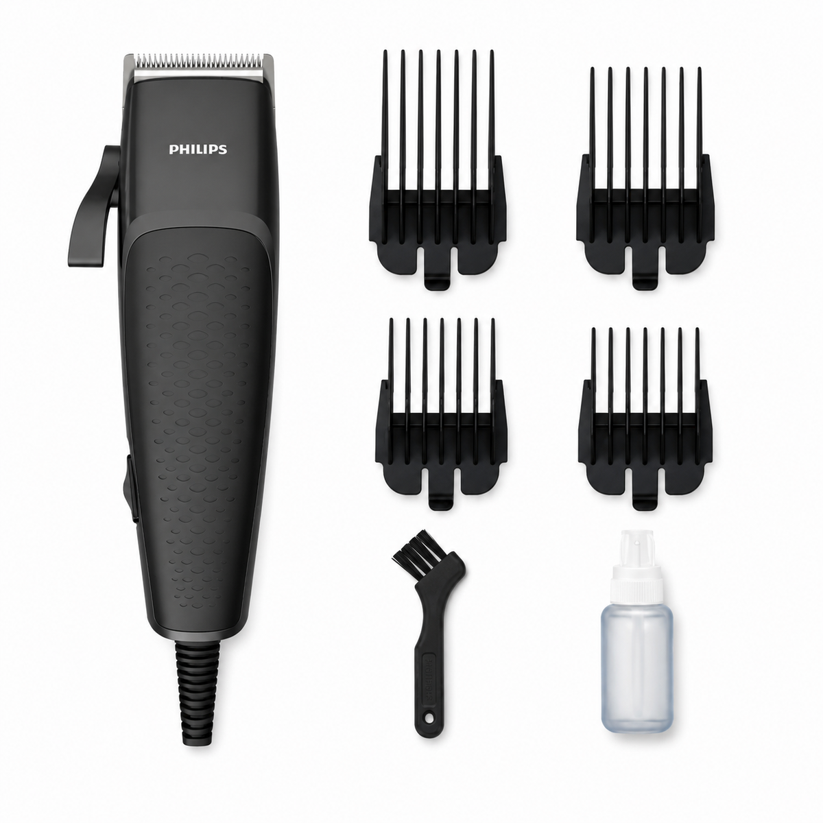 Taghareed Philips Hairclipper Series 3000 HC3100/13 corded hair clipper with 4 combs, cleaning brush, and oil bottle.