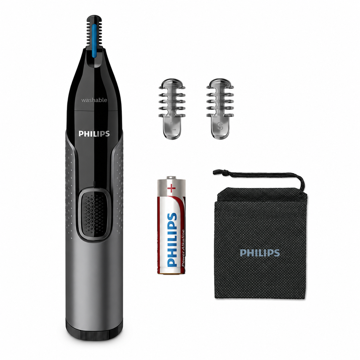 Taghareed Philips Nose Trimmer Series 3000 NT3650/16, black and silver, with PrecisionTrim technology and Protective Guard. Includes AA battery, two eyebrow combs, and storage pouch.
