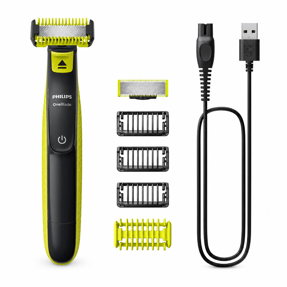 Taghareed Philips OneBlade QP2824/10 electric trimmer with 3 combs, body comb, sensitive guard, and USB charging cable.