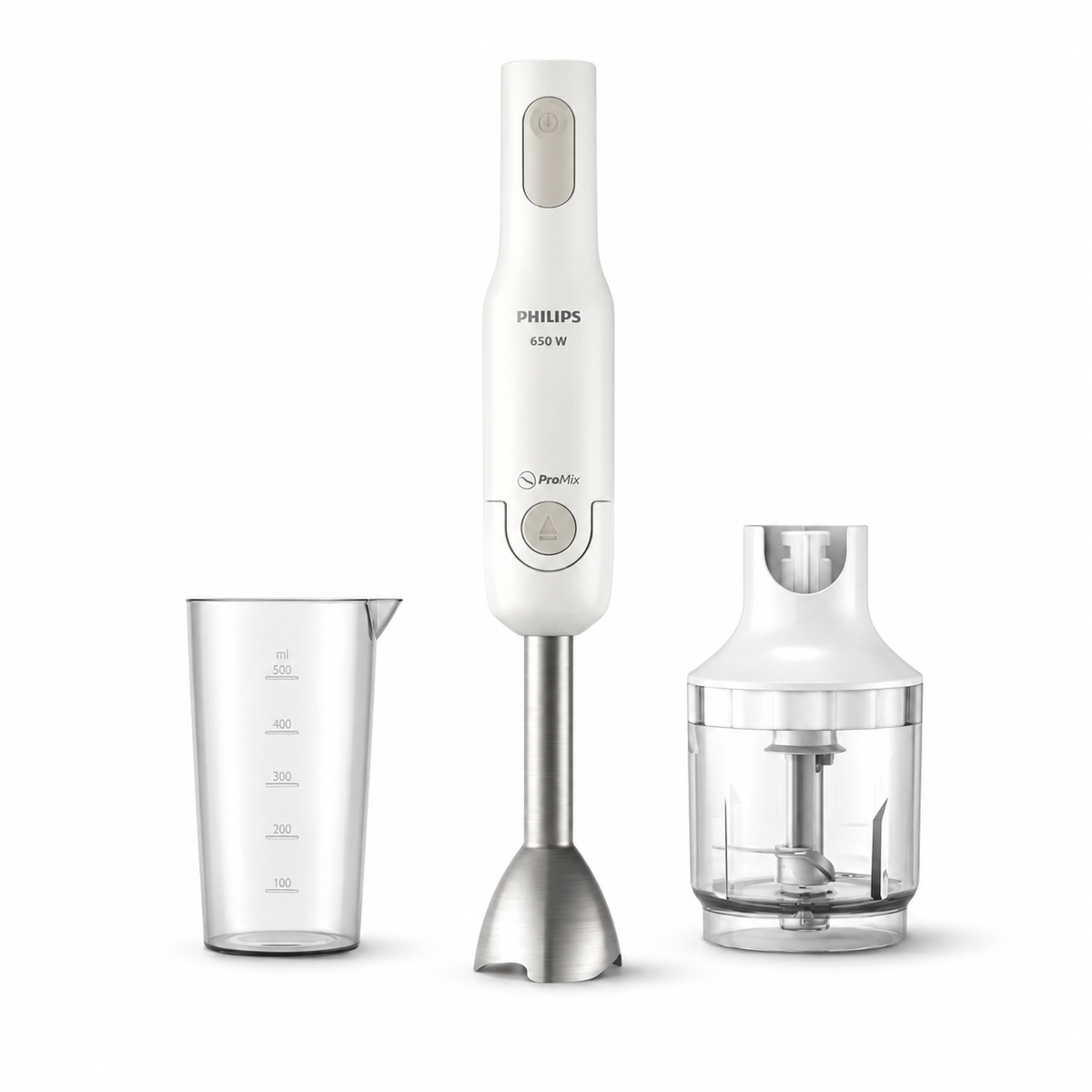 Taghareed Philips white 650W ProMix hand blender with stainless steel shaft, beaker, and chopper attachment.