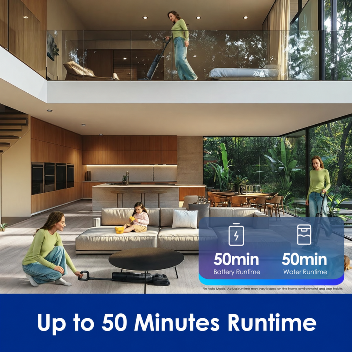 A vacuum cleaner shown in a modern two-story living room with multiple people using it, plus a blue overlay reading 'Up to 50 Minutes Runtime' and icons for 50min battery runtime and 50min water runtime.