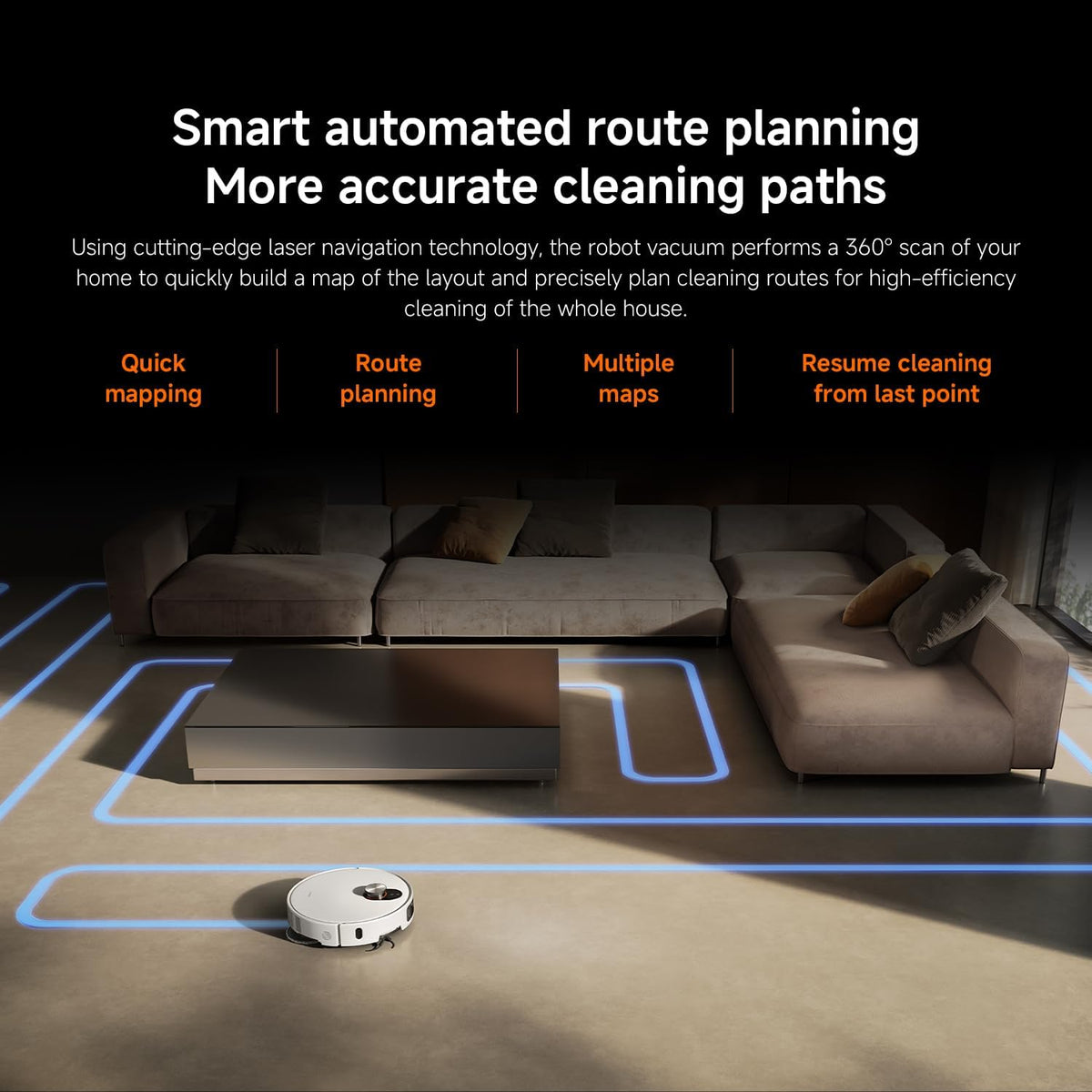 Robot vacuum cleaning a living room with text about smart automated route planning.