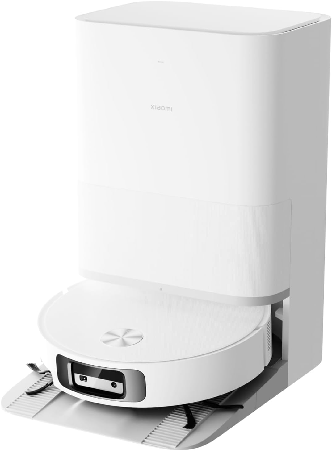 A white Xiaomi robotic vacuum cleaner docked at its matching white charging station, shown against a solid white background.