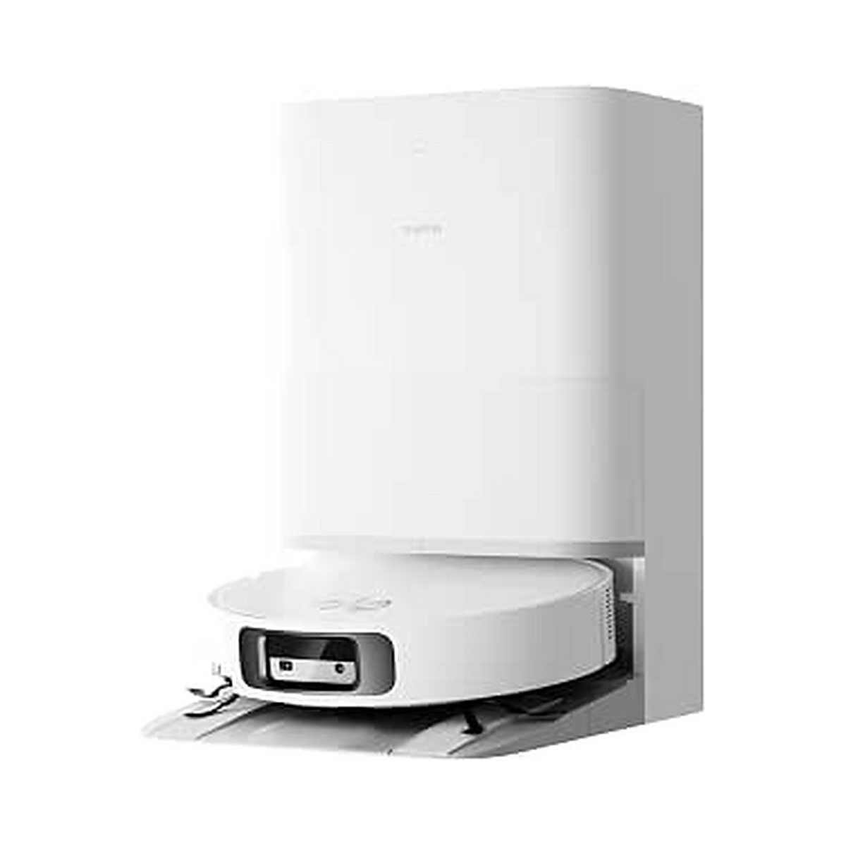 A white robotic vacuum cleaner docked at its matching white charging base, shown against a plain white background.