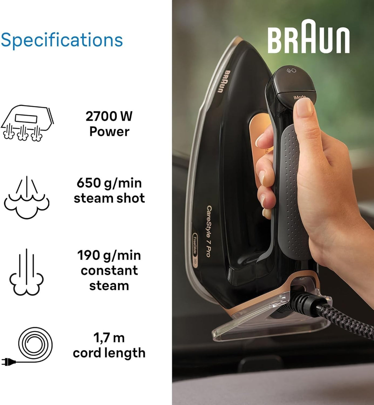 Braun CareStyle 7 Pro steam generator iron in black with iCare Mode and FreeGlide 3D technology. Features 2700W power, 8 bar steam pressure, and 650g/min steam shot.