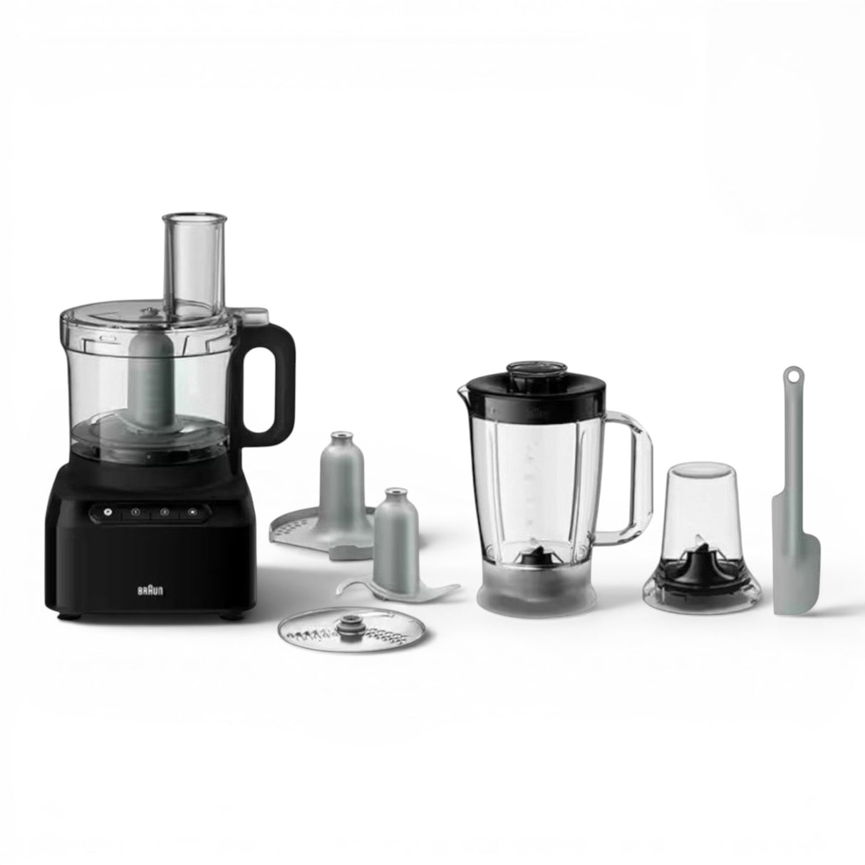 Braun PurEase Food Processor FP3132BK in black, featuring a compact design with multiple attachments including a blender jug, chopping blade, and slicing disc.