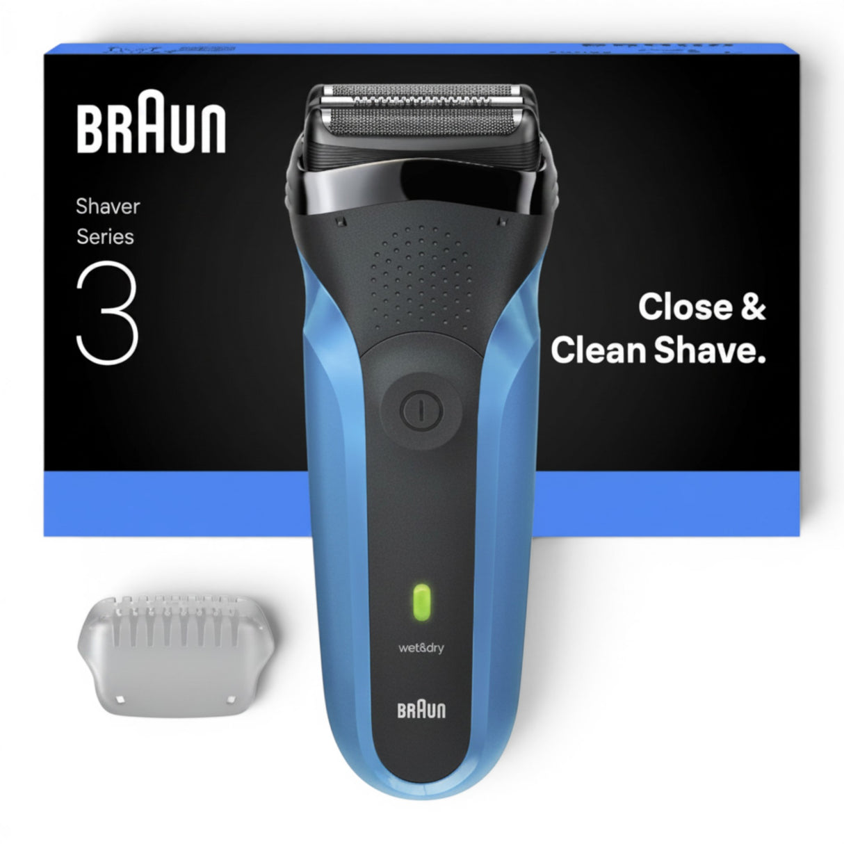 Braun Series 3 310s electric shaver in black and blue, featuring a 3-Flex system and Wet & Dry functionality.