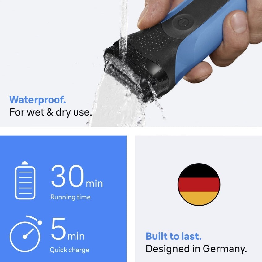Braun Series 3 310s black and blue electric shaver being rinsed under water. Features 30 min running time and 5 min quick charge.
