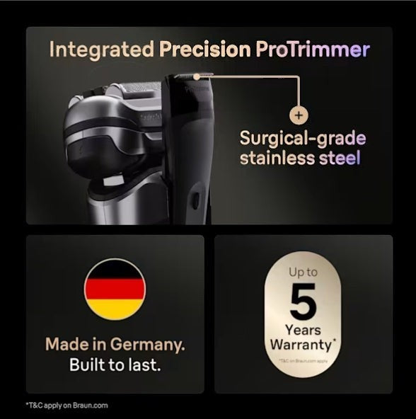 Braun Series 9 Pro+ electric shaver with integrated Precision ProTrimmer made of surgical-grade stainless steel. Silver.