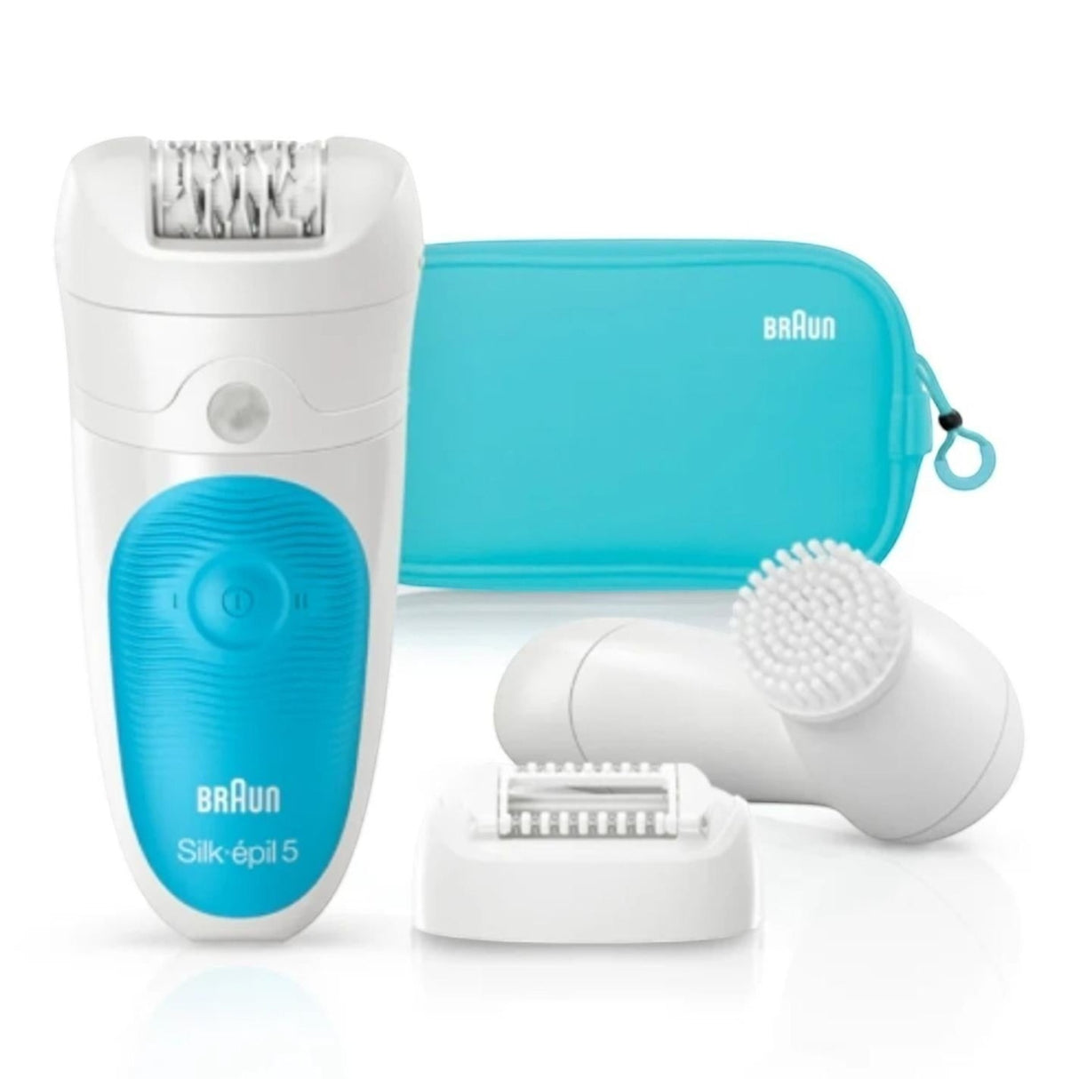 Braun Silk-épil 5 epilator, white with blue accents, includes cleaning brush and travel pouch.