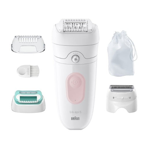 Braun Silk-épil 5 epilator with 28 tweezers, wet & dry use, massage system, Smartlight, and speed control. Includes attachments and storage pouch.