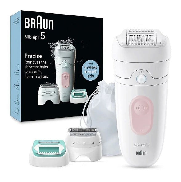 Braun Silk-épil 5 SE5-050 epilator, white with pink accents, includes attachments and storage bag. Wet & Dry use.